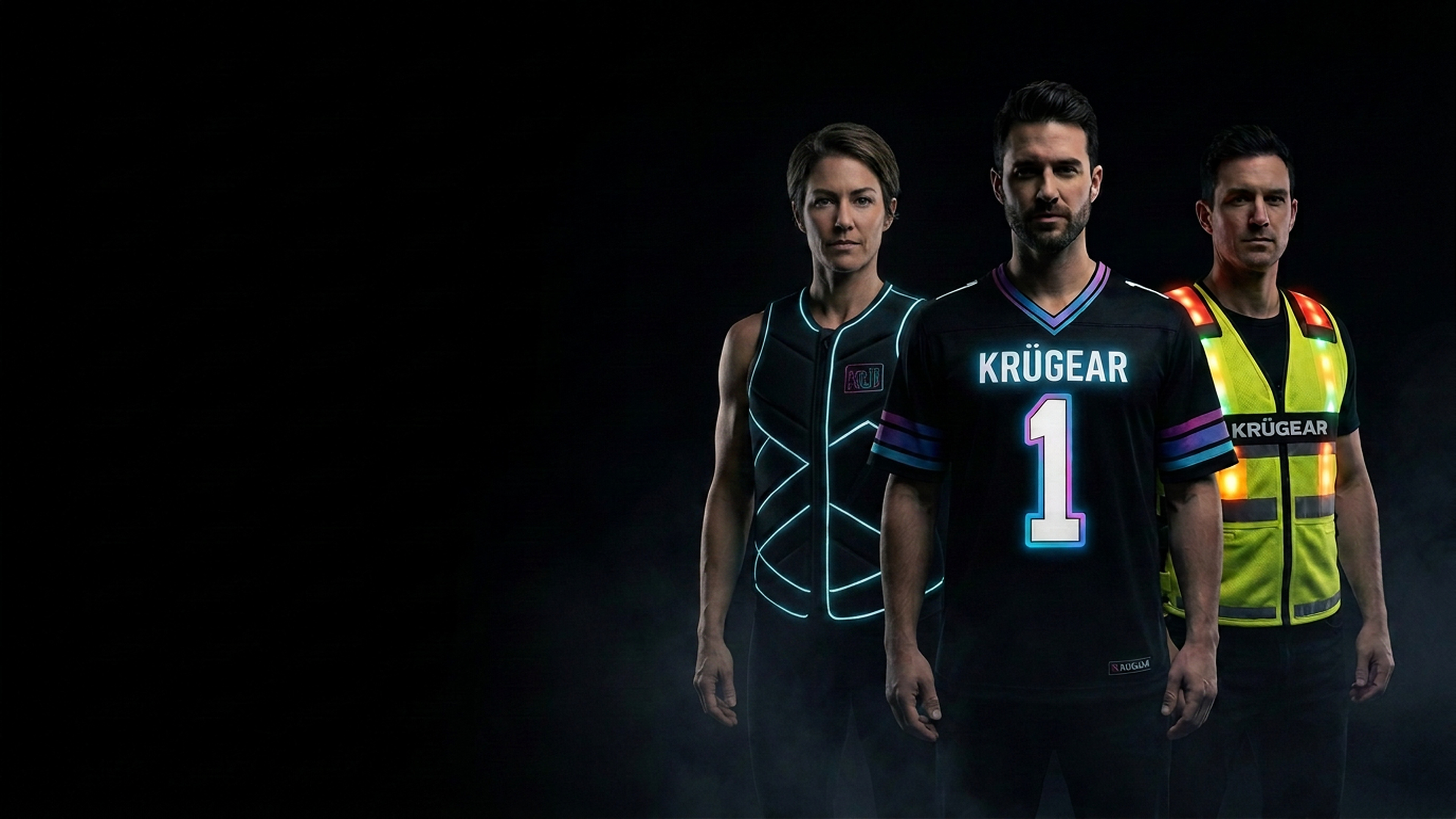 Three KRÜGEAR athletes standing in a dark cinematic environment wearing the illuminated life jacket, jersey and safety vest