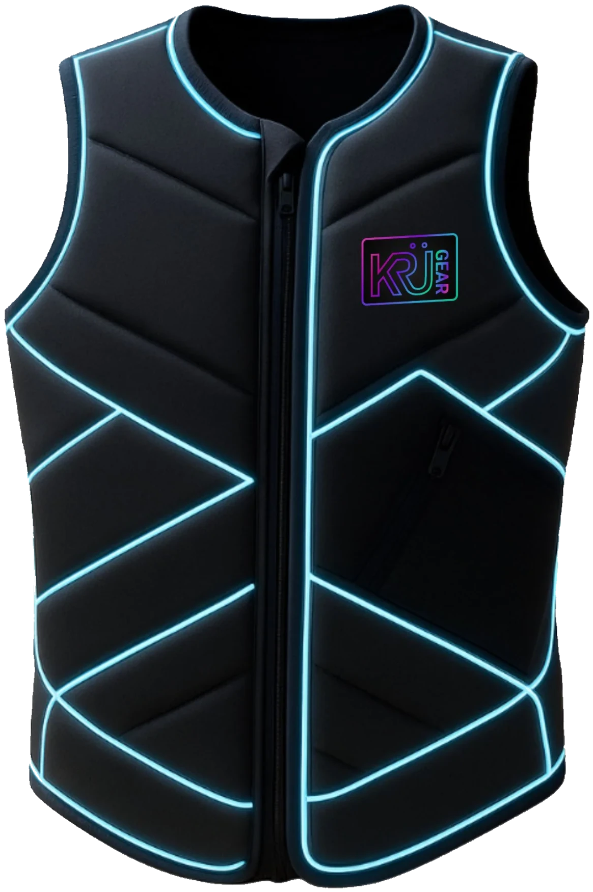 Official KRÜGEAR illuminated life jacket with integrated electric cyan light trim, presented in a dark studio