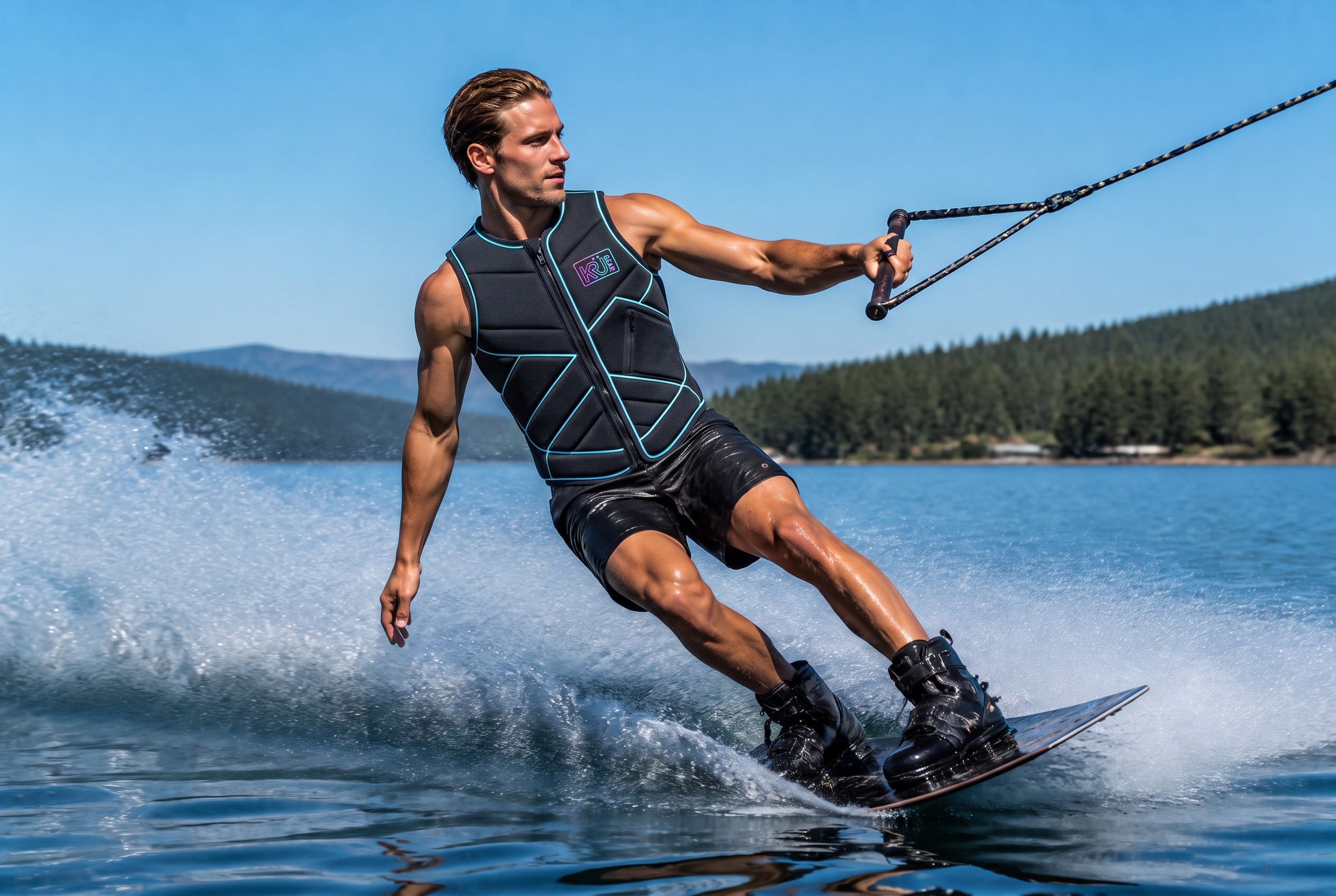 Athlete riding a bright daylight lake in KRÜGEAR gear with illumination switched off
