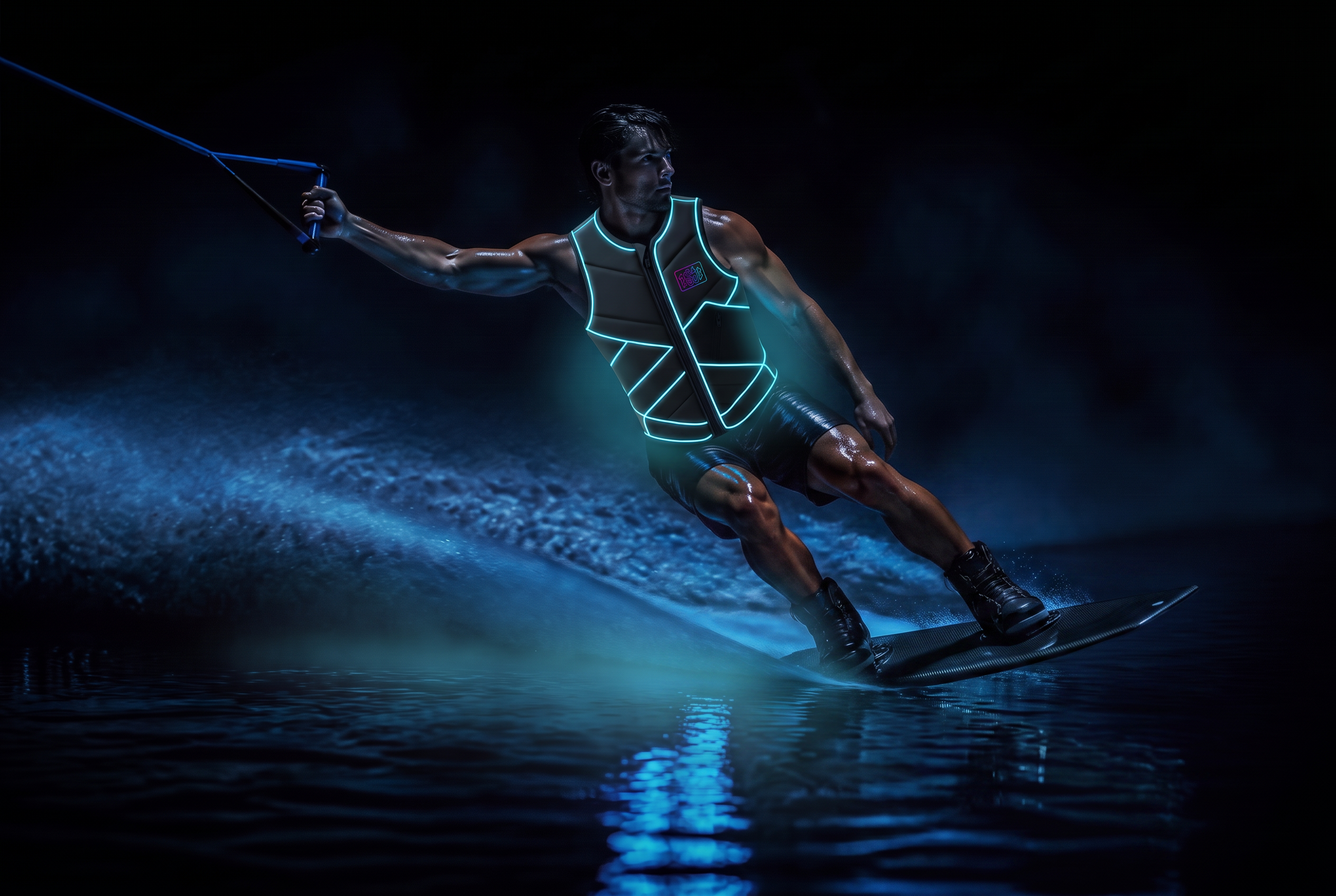 The same athlete at night with KRÜGEAR electric cyan illumination fully lit